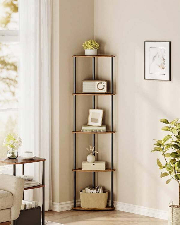 Étagère d'angle à 5 Niveaux, Assemblage Ultra-Rapide sans Outils Toolless, Étagère de Rangement, 38,3 x 27 x 139 cm, pour Salon, Chambre, Cuisine, Marron Rustique