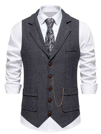 全新男士人字纹格纹背心，复古翻领金属链装饰马甲