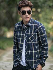 Men's Long-Sleeved Plaid Shirt, Casual Shirts, Striped Streetwear, Fashion Tops - 藏蓝色 - 查看 1