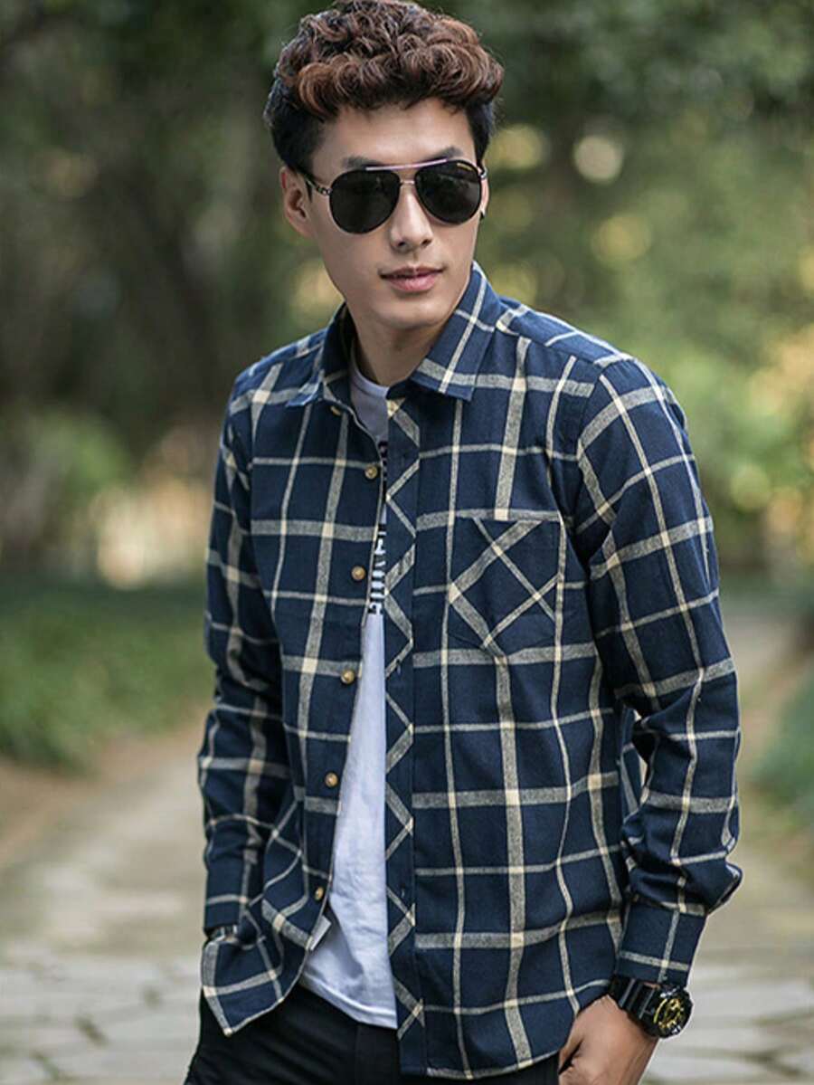 Men's Long-Sleeved Plaid Shirt, Casual Shirts, Striped Streetwear, Fashion Tops - 藏蓝色 - 查看 1