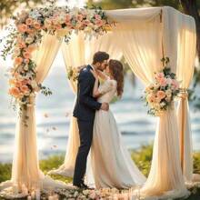 2pcs 6m Champagne Chiffon Archway Fabric, Wedding Archway Fabric, Birthday Party Background Decoration, Polyester Romantic Party Decoration For Wedding, Wedding Party Bridal Shower Decor Room Decoration Supplies, Suitable For Wedding Archway, Stair Fence Decor, Chair Back Decoration, Sheer Mesh Door Curtain, Gauze Table Runner, Table Cover, Banquets Party Supplies