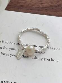 A Pure Silver Broken Silver Natural Pearl Ring For Women's Lucky Hang Tag Elastic Rope Ring - Silver - View 5