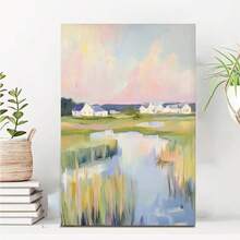 Framed Grandmillenial Nursery Pastel Landscape | Vintage Lowcountry Marsh Printable | Oil Painting Digital Art | Baby Room Wall Decor | Retro Style - Framed - View 1