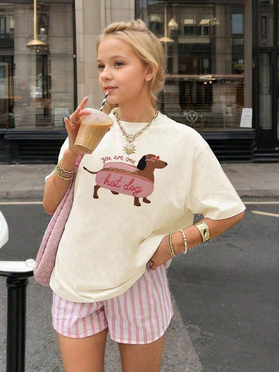 Hot Dog Sausage Dog Printed Kids T-Shirt Round Neck Casual Short Sleeve Print Tops For Girls And Toddlers In Summer - Cute Dog, Heart Shaped Sunglasses, Artistic Dog Style T-Shirt Inspires Imagination And Self-Expression! Kids Clothes Summer Graphic T-Shirts For Girls Teen Girl Clothes - 米色 - 查看 1