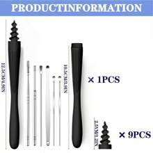 Herramienta para eliminar el cerumen con puntas de silicona suave, reutilizable y lavable, en un color negro intenso, ideal para uso doméstico que presenta 3 tipos de herramientas en un kit compacto