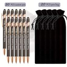 20 pezzi Penne a sfera personalizzabili + 20 pezzi Custodie nere per penne, punta fine, corpo in alluminio, cappuccio retrattile, scrittura fluida, leggere, con molletta, compatibili con touch screen, adatte per informazioni e regali personalizzati, utilizzabili come regali di inizio scuola, forniture scolastiche