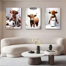 1/3 件套奇思妙想高地牛浴室海报 | 有趣的农场动物帆布艺术，Cottagecore 奶牛礼品，适合幽默爱好者的农舍墙壁装饰，无框架