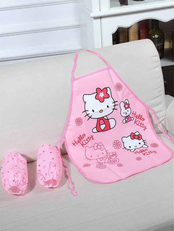 Sanrio Zestaw 3 fartuchów Sanrio Hello Kitty z nadrukiem, mankiety z lnu o wysokiej gęstości, wodoodporne, olejoodporne, odpowiednie do malowania, do naczyń kuchennych i akcesoriów kuchennych, fartuch malarski, idealny do interakcji z rodziną na świeżym powietrzu, idealny do utrzymania ubrań w czystości i porządku. Prezenty na powrót do szkoły