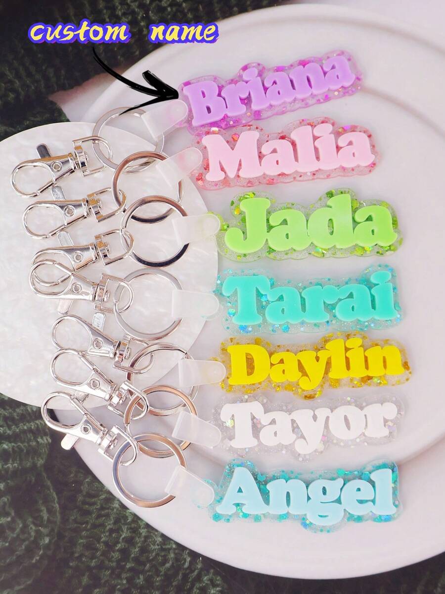 1pc Customized Acrylic Letter Name Keychain, Personalized Double-Layer Glitter Keychain, Colorful Backpack Pendant, Suitable For Bags, Water Bottles, Perfect Birthday Gift For Women And Family, Decorative Keychain, Fun Design, Charming Accessory, Cute Keychain - Steel Keychain + White Button - View 1