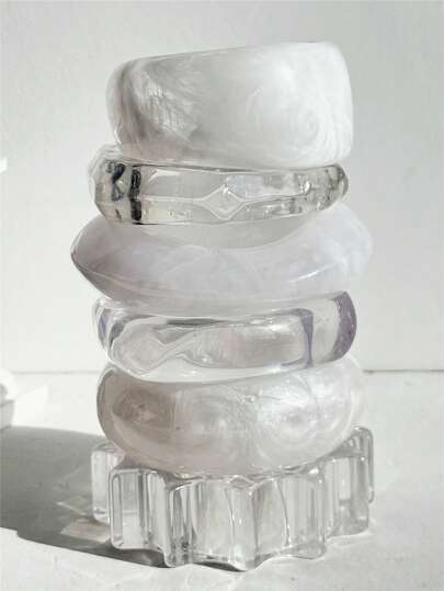 1 件透明白色扎染不对称几何闪光齿轮树脂手链，时尚简约复古优雅女士礼品珠宝