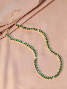 1pc Vintage Charm Elegant Versatile Sparkling Cubic Zirconia Geometric Brass Necklace Choker For Women And Girls, Daily Wear, Teacher's Day, Mother's Day, Valentine's Day, Goddess Day, Thanksgiving, New Year Gift - Dark Green - View 21