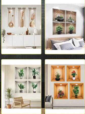 3D花卉墙贴，仿真植物绘画墙贴，适用于卧室、客厅、电视背景、盆栽植物装饰、墙贴艺术