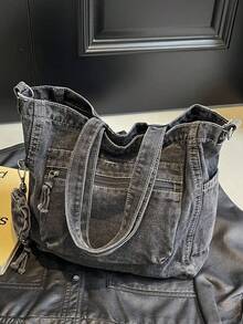 תיק אופנה חדש וקז'ואל מבד ג'ינס רך מכוסה עם כיסים מרובים (עם ארנק למטבעות), תיק נסיעות גדול בצבע אחיד, תיק מזוודות, תיק כתף רב-תכליתי לנסיעות, תיק ספורט לחדר כושר, תיק שליח רטרו לסטודנטים, מתאים לעבודה, קניות, נסיעות, ספורט ושימוש בית ספר - שחור - ראה 11