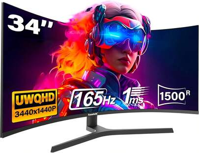 34-Inch Large Curved Screen, An Exclusive Computer Monitor Specially Designed For Esports Games. The Computer Screen Has A Curvature Of 1500R, A Refresh Rate Of 165Hz, And A Resolution Of 3440x1440. It Is A Curved Computer Display Screen That Supports FreeSync Technology And Wall-Mounted Installation. It Is An Excellent Gift For Boyfriends, Husbands, And Fathers, And Is Also A Must-Have Gift For The Christmas Carnival.