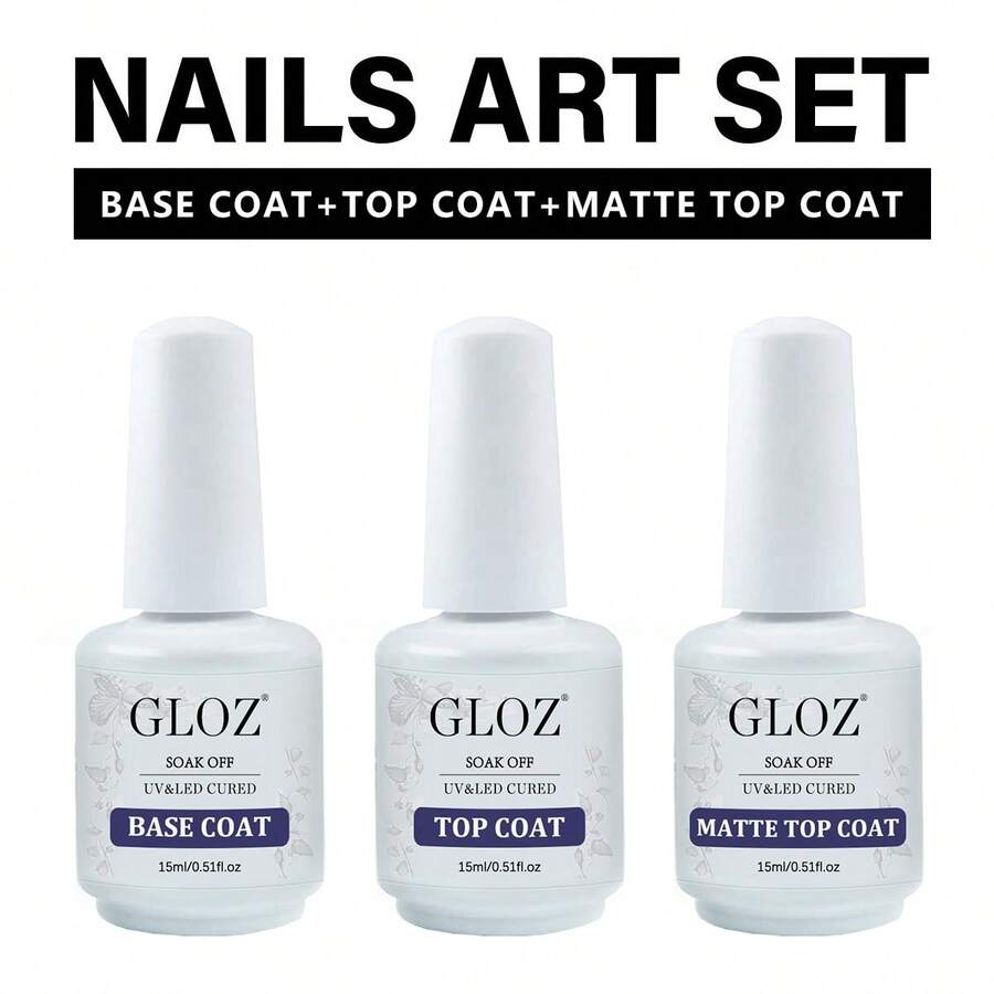 GLOZ 3pcs 15ml Matte No-Wipe Sealing Gel Nail Polish Base Coat Set, Long-Lasting Gel Nail Polish Combo, Removable With LED Lamp, Gift For Women - 無色 - 查看 1