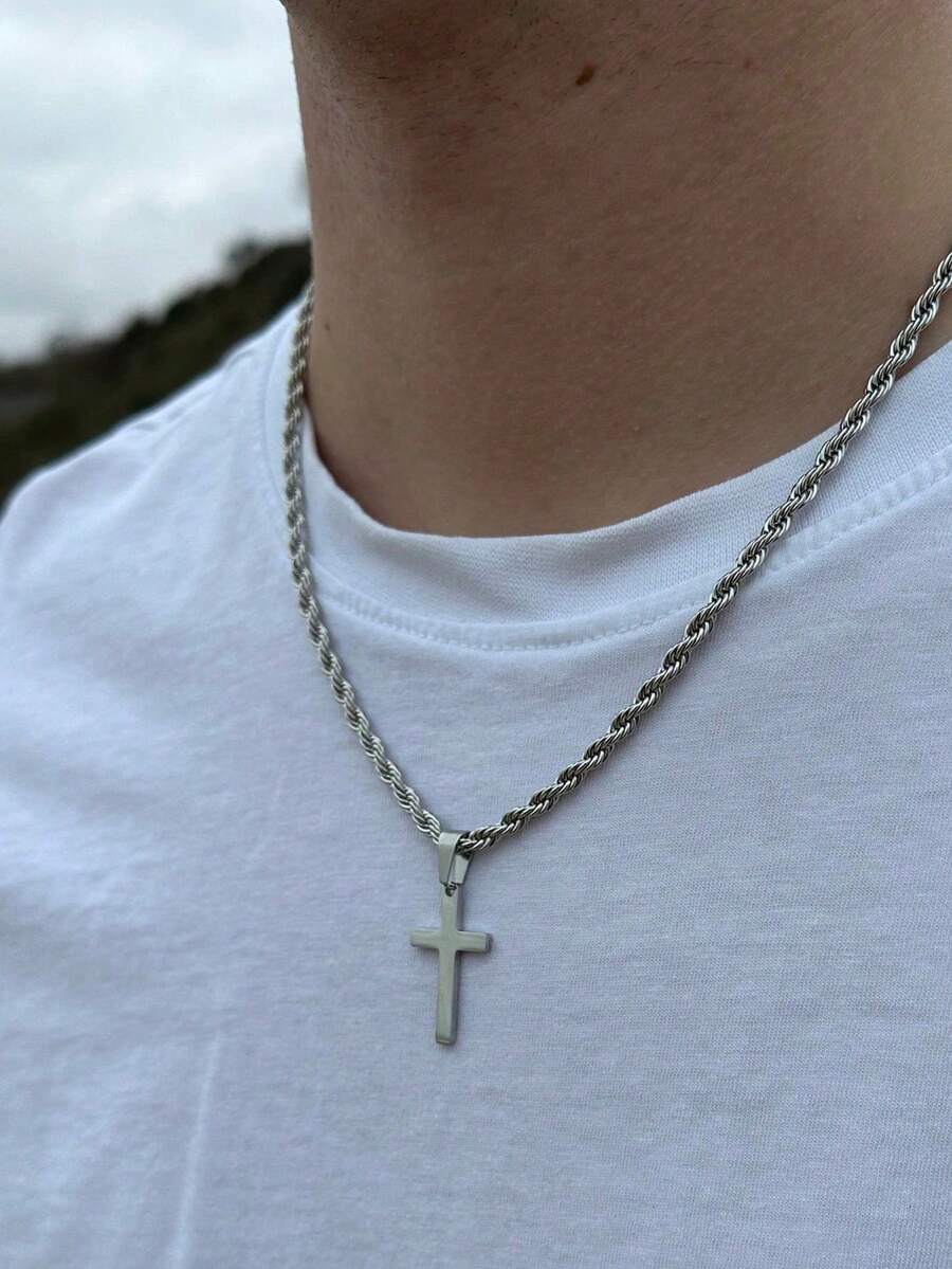 1pc Silver/Gold Cross Pendant Necklace, Fashion Accessory, Suitable For Daily Wear, Perfect Gift For Family, Father, Brother And Friends - Necklace - View 1