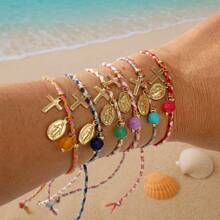 1pc Colorful Woven Religious Bohemian Style Beaded Bracelet Jewelry For Women, Summer Multi-Color Round Bead Accessories
