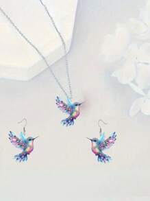 1Set Elegant Fashion Acrylic Hummingbird Necklace & Earrings Set With Multi-Color Wing Design, Suitable For Daily Wear And Birdwatching Enthusiasts, An Ideal Gift For Friends