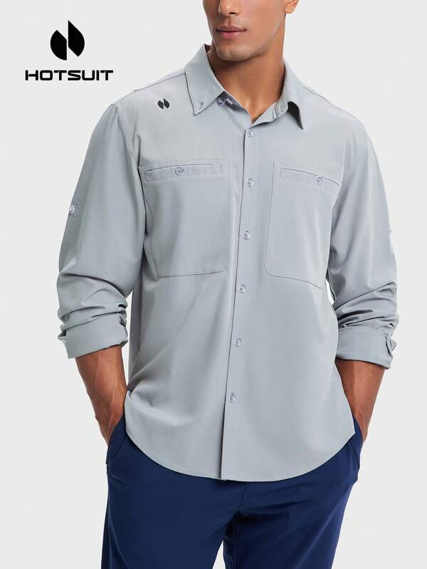 HOTSUIT Chemise grise à manches longues et poche pour hommes en mode décontracté, Top à manches longues polyvalent de couleur unie pratique pour les activités