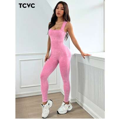 여성 스톤워시 스포츠 캐미솔 점프슈트, 편안하고 통기성 좋은 민소매 타이트 점프슈트로 요가, 체육관 운동, 사계절 셰이프웨어 점프슈트에 적합합니다.