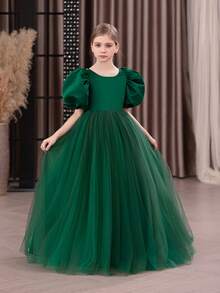 Tween Girl Christmas Dress With Bow Backless Deep V Puff Sleeve Tulle Princess Dress, Suitable For Birthday Party, Wedding, Flower Girl, Prom, Holiday Occasions - Dark Green - View 6