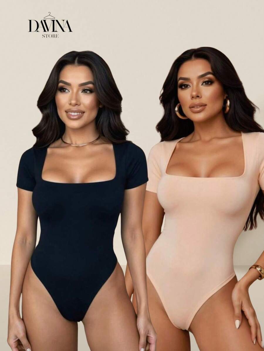 Kit 2 Women's Suplex Premium Bodysuit Lined Square Neckline Short Sleeve Second Skin Elegant Blouse