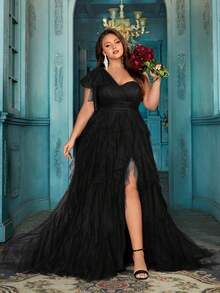 QOQ Robe de soirée formelle d'été élégante et pour grande taille. Convient pour les dîners, événements formels, cocktails, anniversaires, galas. Couleur unie, col asymétrique, fendu - Noir - Voir 5