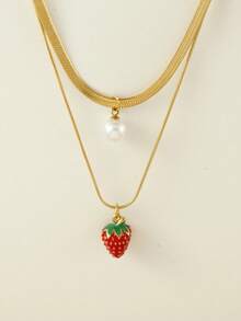 1 件不锈钢双层蛇骨项链，带树脂仿珍珠和水果吊饰（草莓、西瓜、樱桃），非常适合夏季郊游、海滩、情人节礼物和日常佩戴，适合所有场合