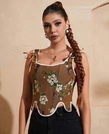 Womens Vintage 1920s Renaissance Lace Trim Corset Bustier, Retro Fashion - Kupu-kupu Coklat - View 2