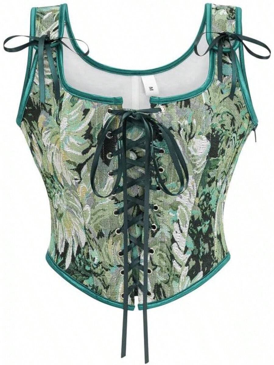 Womens Vintage 1920s Renaissance Lace Trim Corset Bustier, Retro Fashion - Dark Green Daisy - View 1