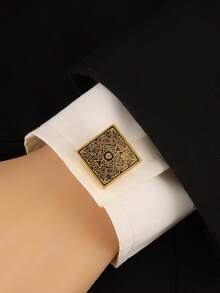 1 件男士银色复古金属圆形波浪条纹袖扣，可调节衬衫袖口配饰，适合休闲返校使用 - 金色 - 查看 3