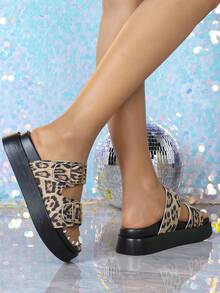 女士坡跟厚底凉鞋，性感豹纹厚底高跟拖鞋，沙滩鞋，双层厚底鞋，时尚户外搭扣带 - 豹紋 - 查看 5