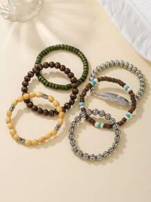 5pcs/6pcs Set Vintage Bohemian Wooden Bead, CCB, Zinc Alloy, Resin Leaf, Turtle, Infinity Symbol Elements Handmade Braided Bracelet Set Suitable For Men And Women, Daily, Beach, Holiday Wear