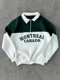 Men's Pullover Quarter Zip Sweatshirt With Letter Print Patchwork, Fashion Long Sleeve Loose Fit Lightweight Sweatshirt, Spring/Autumn