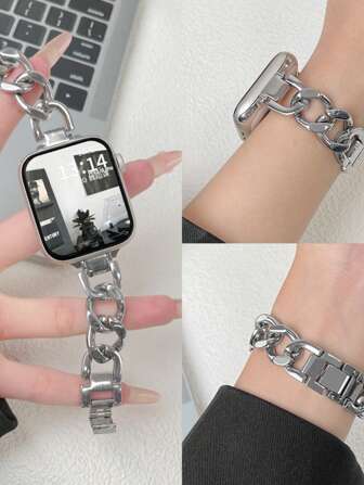 1pc Unisex Fashion Silver Metal Chain Watchband Strap Compatible With Apple Watch Ultra 49mm 46mm 45mm 44mm 42mm 40mm 41mm 38mm Series 10 9 8 7 SE Ultra 6 5 4 3 2 1