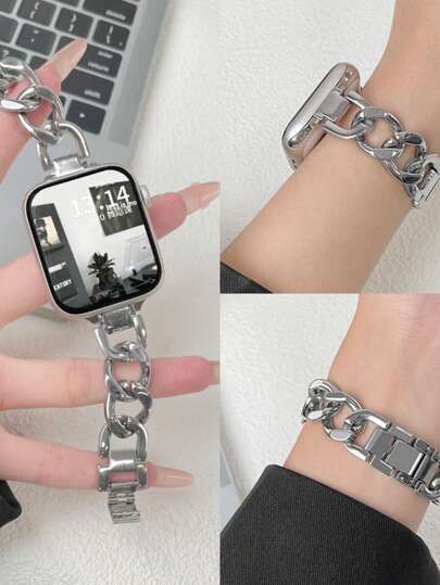 1pc Unisex Fashion Silver Metal Chain Watchband Strap Compatible With Apple Watch Ultra 49mm 46mm 45mm 44mm 42mm 40mm 41mm 38mm Series 10 9 8 7 SE Ultra 6 5 4 3 2 1