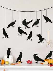 9 件黑乌鸦鸟笼花环横幅，闪闪发光的黑乌鸦装饰吊坠，哥特式渡鸦挂饰，带有悬挂乌鸦的怪异万圣节派对装饰，恐怖装饰拉横幅，非常适合家庭或活动恐怖道具，鬼节气氛装饰道具，派对聚会 - 黑色 - 查看 5