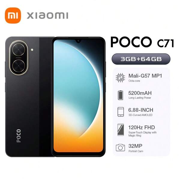 Xiaomi Xiaomi POCO C71 Smartphone 3 GB + 64 GB UV-Licht Spreadtrum T7250 Prozessor 6,88-Zoll-Display Bis zu 120 Hz Bildwiederholrate 32 MP Hauptkamera 5200 mAh Akku Fingerabdruckerkennung Gesichtserkennung