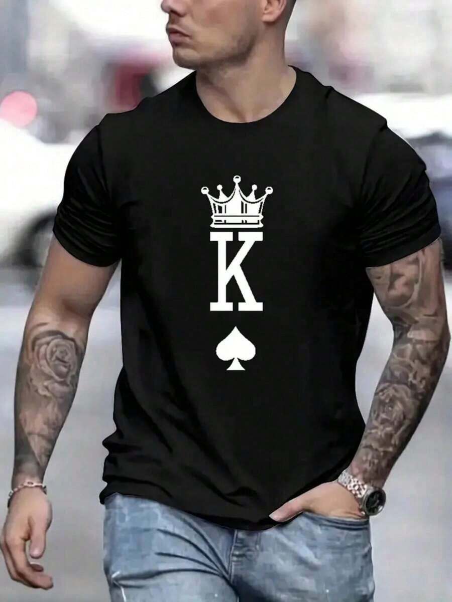 Spades King Print Men's Crewneck T-Shirt, Men's Sports Short Sleeve, Casual Outdoor Short Sleeve Top Men - 黑色 - 查看 1
