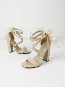 Timesize 女士花卉蝴蝶结凉鞋，杏色粗跟办公室正式婚礼工作鞋，超高跟鞋夏季新品