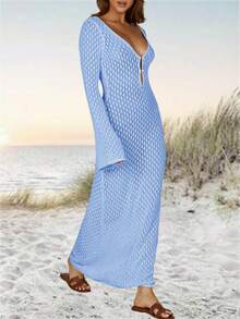 Womens Crochet Maxi Cover Up Dress Long Sleeve Bodycon Summer Swimwear Beach Knit Dresses - 藍色 - 查看 4