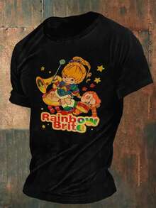 Plus Size Men's Rainbow Brite Cartoon Graphic TShirt  Comfy Cotton Blend,  Large Sizes Available, Fun And Colorful Design, Perfect Casual Tee - 黑色 - 查看 1