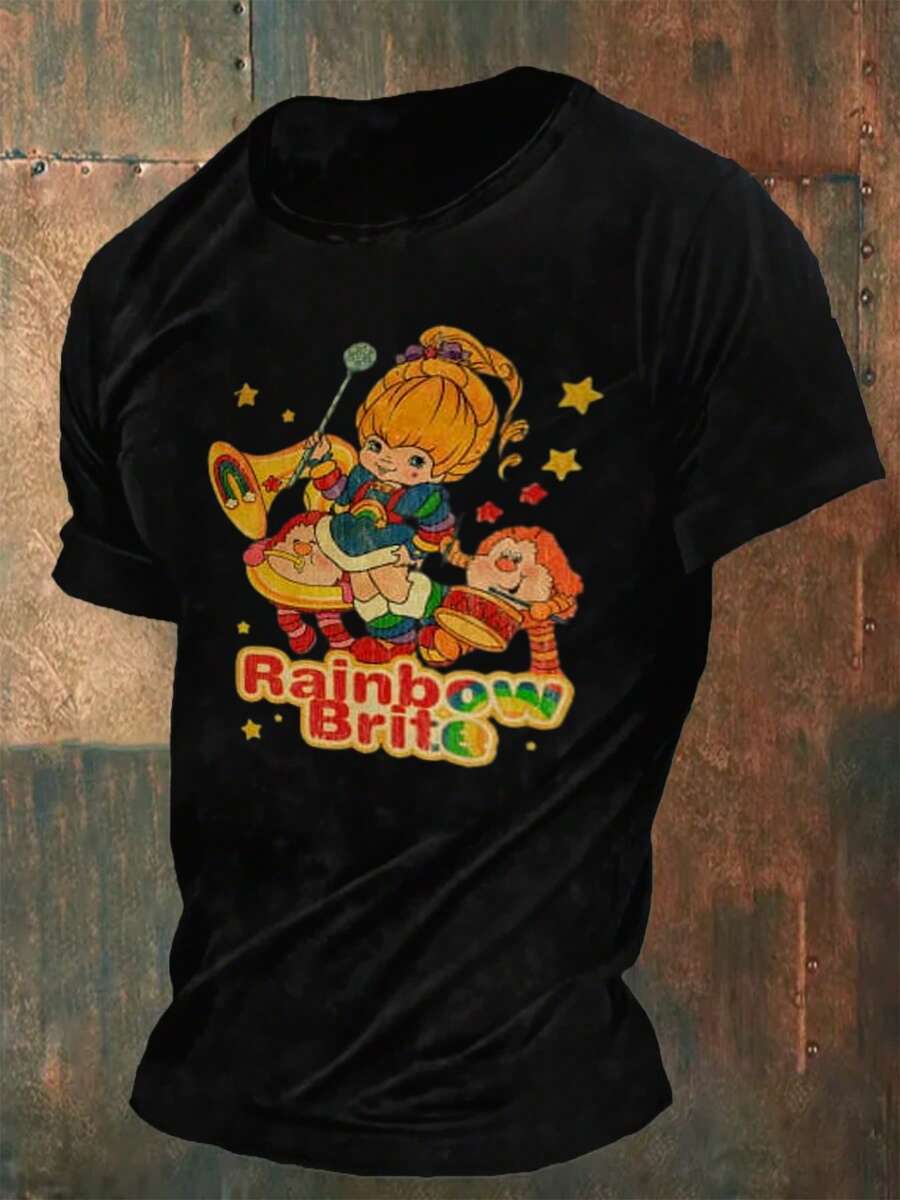 Plus Size Men's Rainbow Brite Cartoon Graphic TShirt  Comfy Cotton Blend,  Large Sizes Available, Fun And Colorful Design, Perfect Casual Tee - 黑色 - 查看 1