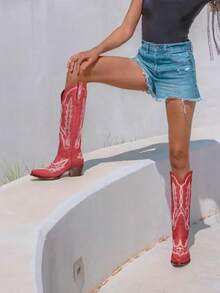 Women's Vintage Classic Western Knee High Cowboy Boots Fashion Embroider Block Chunky Heel Pull On Pointed Toe Retro Cowgirl Boots - Red - View 4