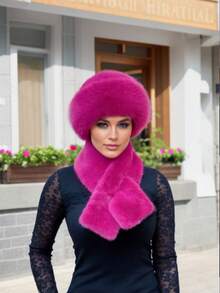 1 件欧美时尚休闲百搭蒙古帽，渔夫帽搭配人造毛皮围巾 - 彩色 - 查看 9