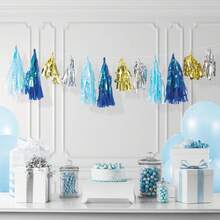 Blue And Gold Tissue Tassel Banner 108" X 9" - 1 - View 2