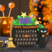 万圣节猫扫帚木制倒计时桌面装饰