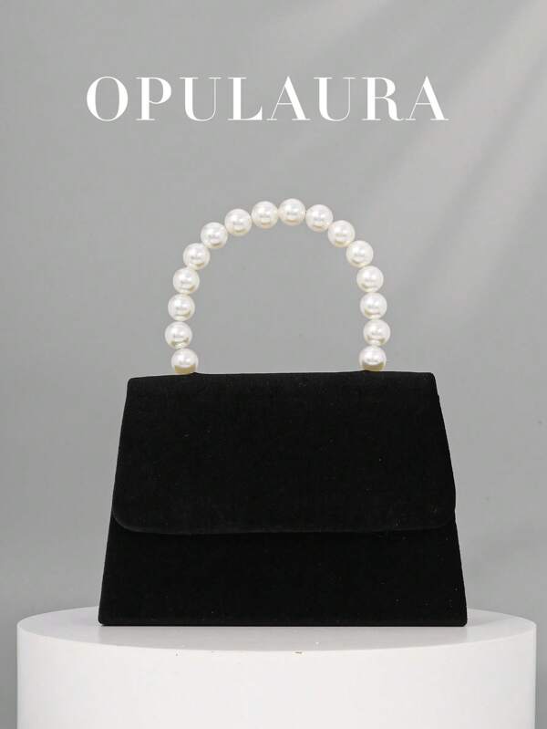 OpulAura Women Romantic Faux Pearl Handbag, Luxury Velvet Evening Clutch Bag For Formal Occasions, Party/Wedding/Date/Christmas/Birthday, With Detachable Chain