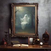 1 件秋千帆布海报 - 可怕的万圣节墙壁艺术与可爱的幽灵，带框卡通风格装饰，适合客厅、卧室或家庭办公室，室内使用，非常适合儿童房或浴室，万圣节装饰