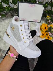 Tenis Zapato de Mujer Plataforma Cuña,  Cómodos, con detalles Métalicos Cadena , Juvenil     Casual  Fiesta  Al aire libre  Sexy          Fiesta  Oficina  Casa  Exterior 4037 - Blanco Charol - Ver 2